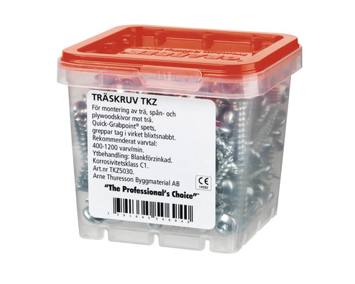 Träskruvar i genomskinlig plastlåda med rött lock