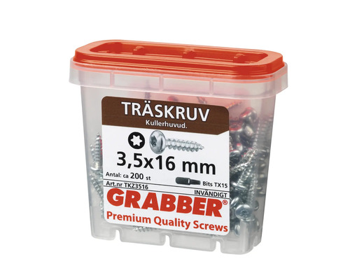 Grabber träskruvar 3,5x16 millimeter i transparent låda med rött lock