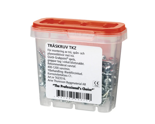 Träskruvar i transparent plastlåda med rött lock