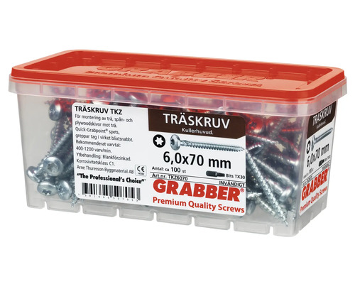 Träskruvar i transparent behållare med rött lock, storlek 6,0x70 mm