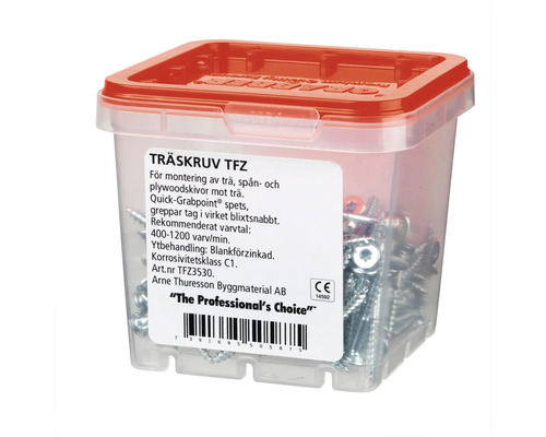 Träskruvar i genomskinlig plastlåda med rött lock
