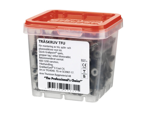 Träskruvar i transparent plastlåda med rött lock