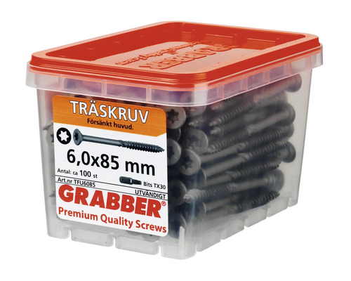 Träskruvar 6,0x85 mm i transparent behållare med rött lock