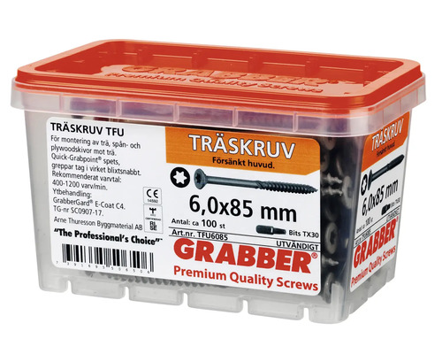 Träskruvar i genomskinlig plastlåda, storlek 6,0x85 mm