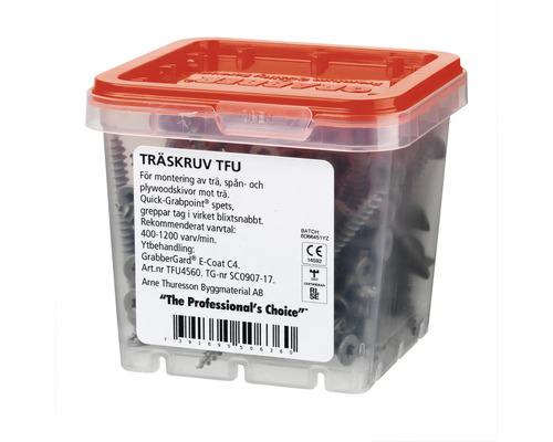 Träskruvar i transparent plastlåda med rött lock
