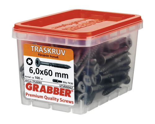Grabber träskruvar 6,0x60 mm i genomskinlig behållare med rött lock