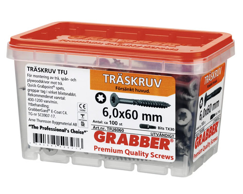 Träskruvar i transparent plastlåda med rött lock