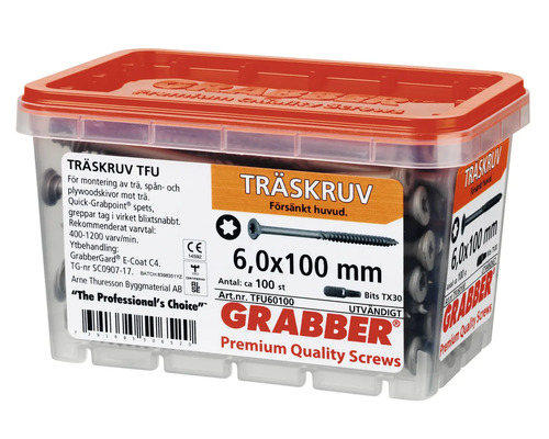 Träskruvar i transparent plastlåda med rött lock