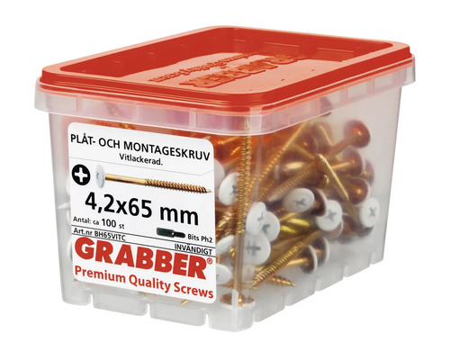Grabber plåt- och montageskruv, storlek 4,2 x 65 millimeter i plastlåda