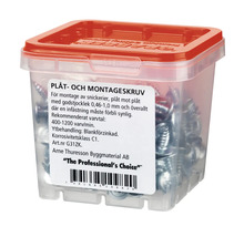 Plåt- och montageskruv i transparent låda med rött lock