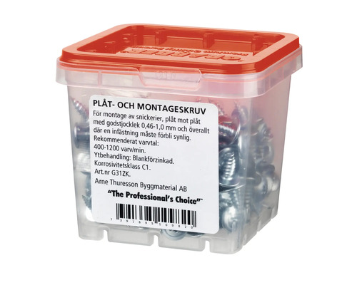 Plåt- och montageskruv i transparent låda med rött lock
