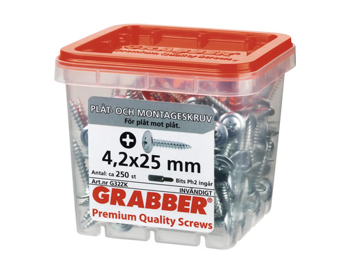 Grabber plåtskruv och monteringsskruv 4,2x25 mm i transparent behållare