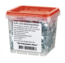 Plåt- och montageskruv i transparent plastlåda med rött lock