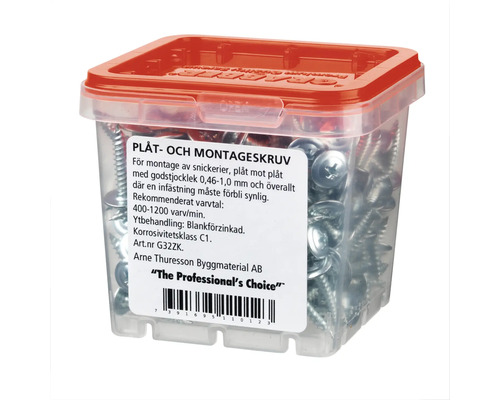 Plåt- och montageskruv i transparent plastlåda med rött lock