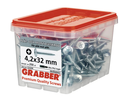 Plåt- och monteringsskruvar 4,2x32 mm i genomskinlig låda med rött lock