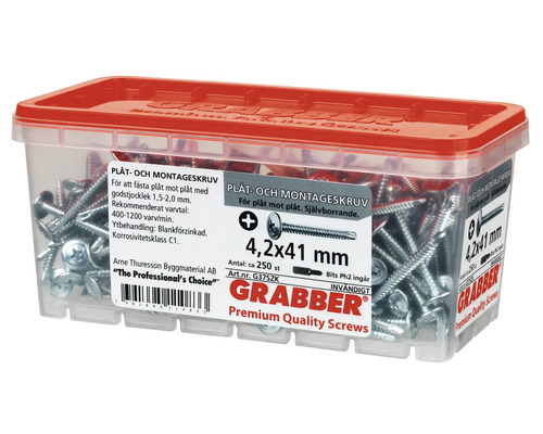 Plåt- och monteringsskruvar 4,2x41 mm i transparent låda med rött lock