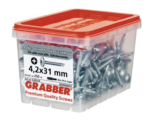 Grabber plåt- och montageskruv 4,2x31 mm i transparent behållare med rött lock