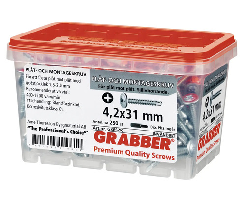 Grabber plåt- och monteringsskruvar 4,2x31 mm i transparent behållare