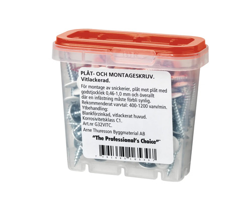 Plåt- och montageskruv i transparent plastlåda