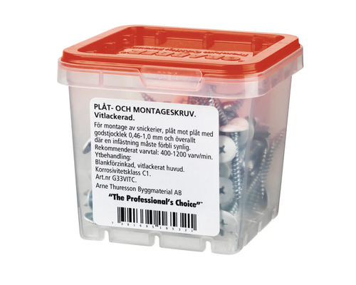 Plåt- och montageskruv i transparent plastlåda