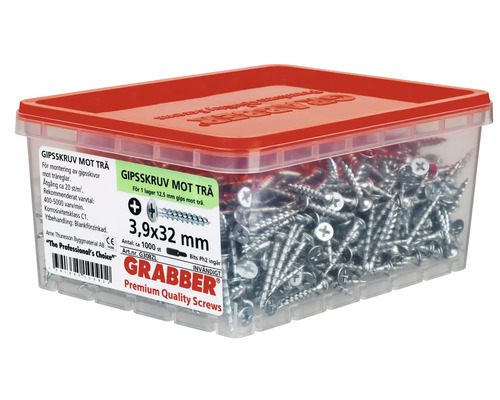 Grabber gipsskruv för trä, 3,9 x 32 millimeter, i transparent förvaringslåda med rött lock