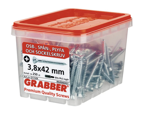 Skruvar 3,8x42 millimeter i transparent plastlåda med rött lock