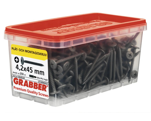 Skruvar i genomskinlig behållare med rött lock, storlek 4,2x45 mm