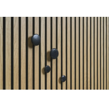 Träpanel med svarta, runda krokar