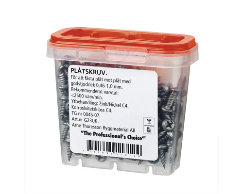 Plåtskruvar i transparent plastlåda med rött lock