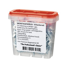 Förpackning med vitlackerade skruvar för montering av detaljer i gips.