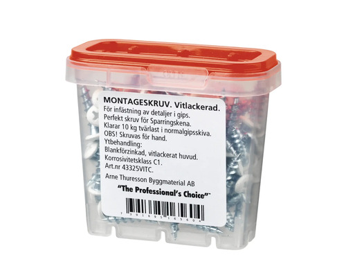 Förpackning med vitlackerade skruvar för montering av detaljer i gips.