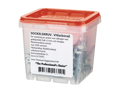 Sockelskruvar i transparent plastlåda med rött lock