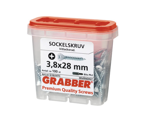 Grabber sockelskruvar, 3,8x28 mm, förpackning med cirka 100 stycken, med lock