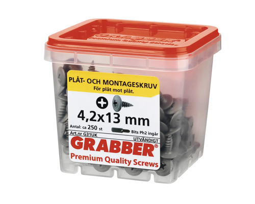 Grabber plåt- och montageskruv 4,2x13 mm i transparent låda