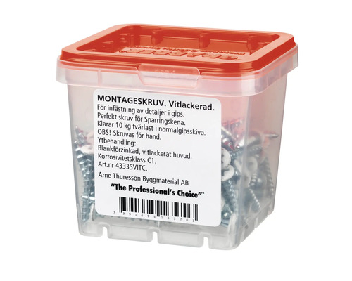 Monteringsskruvar i transparent plastlåda med rött lock