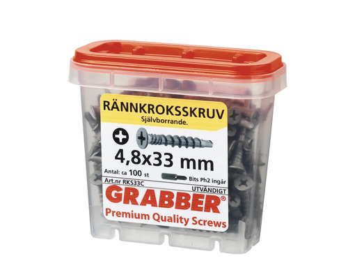 Takränneskruvar 4,8x33 mm i transparent plastlåda med rött lock