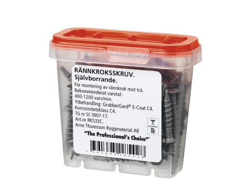 Rännkroksskruv i transparent plastlåda