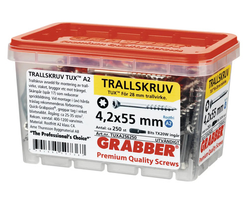 Grabber Trallskruv TUXA256250 terrassskruvar 4,2x55 millimeter i transparent låda med rött lock
