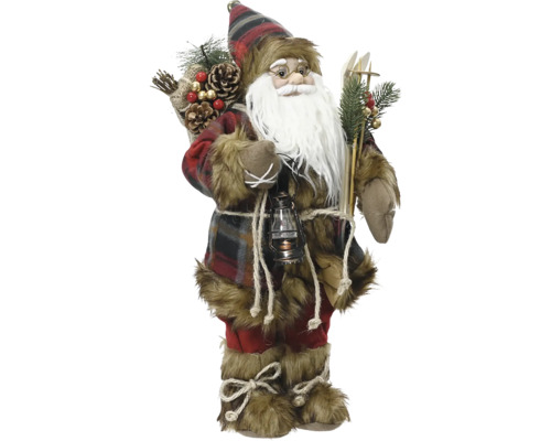 Dekorativ jultomte med rutig hatt, skägg och tillbehör som lykta och skidor