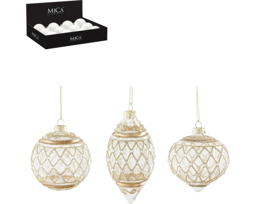 Ornament MICA kula lök mönster Ø8cm guld blandade utföranden Tre julgranskulor med gyllene accenter och en låda med vita julgranskulor