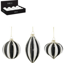 Dekorativa julgranskulor med randigt mönster och upphängningsanordning, finns i en låda