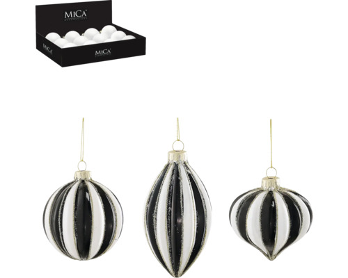 Ornament MICA kula lök Ø8cm vit blandade utföranden Dekorativa julgranskulor med randigt mönster och upphängningsanordning, finns i en låda