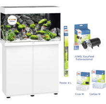 Komplett akvariumset med underskåp, foderautomat, affisch och filtermedia