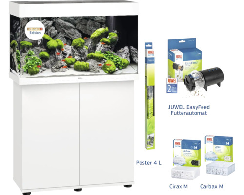 Akvarieset JUWEL Rio 125 LED SBX inkl. LED-belysning, värmare, filter, foderautomat, bakgrund, filtermedia Cirax och Carabx, underskåp vit Komplett akvariumset med underskåp, foderautomat, affisch och filtermedia