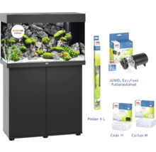 Akvariumset med tillbehör: akvarium, underskåp, Juwel EasyFeed foderautomat, Juwel Poster 4, Juwel Cirax M och Juwel Carbax M