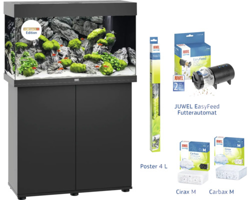 Akvarieset JUWEL Rio 125 LED SBX inkl. LED-belysning, värmare, filter, foderautomat, bakgrund, filtermedia Cirax och Carabx, underskåp svart Akvariumset med tillbehör: akvarium, underskåp, Juwel EasyFeed foderautomat, Juwel Poster 4, Juwel Cirax M och Juwel Carbax M