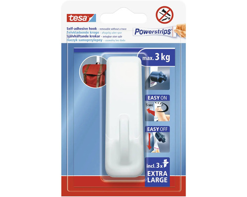 Tesa självhäftande krok inklusive tre extra stora Powerstrips för spårlös borttagning upp till maximalt tre kilogram