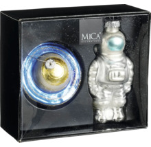 Två julgransdekorationer i en förpackning: en boll med blå och gyllene ornament och en astronaut
