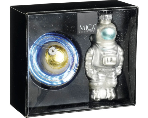Två julgransdekorationer i en förpackning: en boll med blå och gyllene ornament och en astronaut