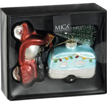 Mica Decorations julgransprydnadsset med skoter och husvagn i presentförpackning